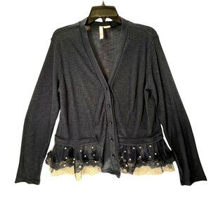 Forgotten Grace Cardigan Sheer Lace Hem Navy Blue Sweater Pearl Buttons Ribbed